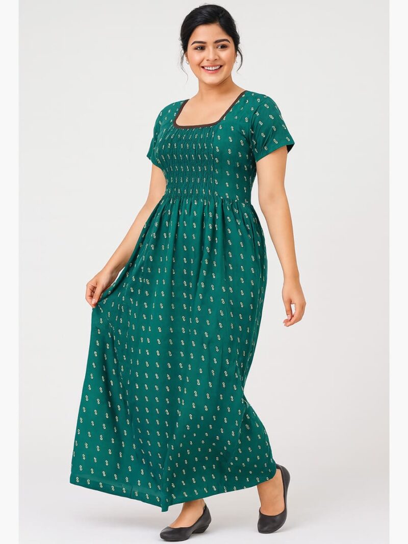 Women's Cotton Printed Smocked Nighty - Green