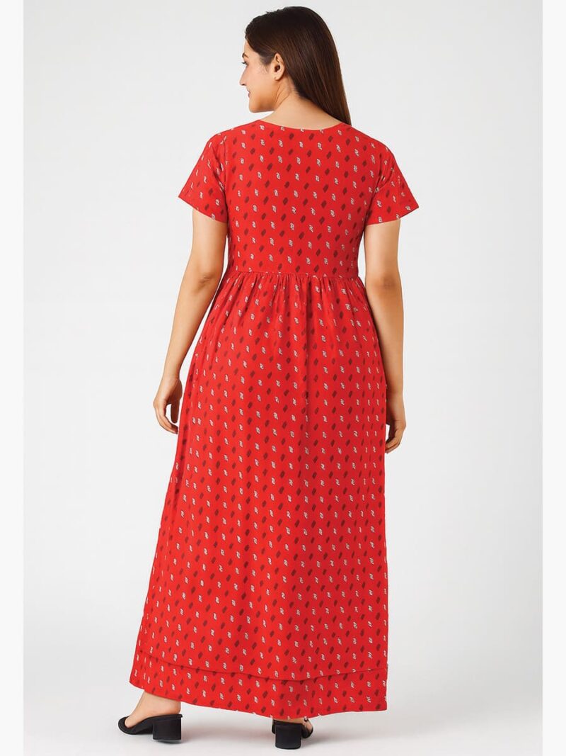 Women's Cotton Printed Smocked Nighty - Red