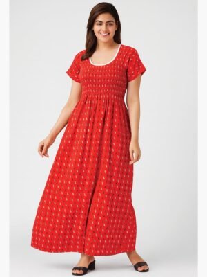 Women's Cotton Printed Smocked Nighty - Red