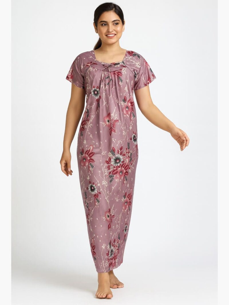 Women’s Satin Printed Full Length Nighty – Pink