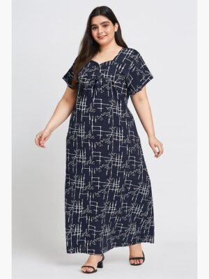 Women’s Cotton Printed Full Length Nighty – Navy Blue