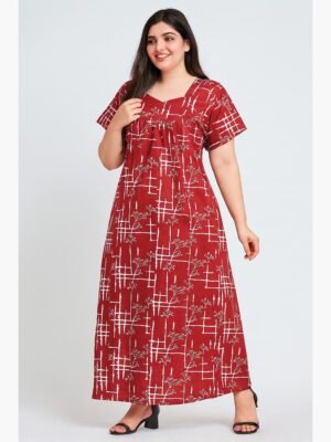Women’s Cotton Printed Full Length Nighty – Red