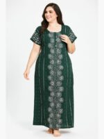 Women’s Cotton Zipper Printed Nighty – Green