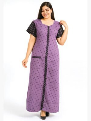 Women’s Cotton Front Full Open Nighty - Lavender & Black