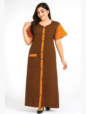 Women’s Cotton Front Full Open Nighty - Brown & Tangerine