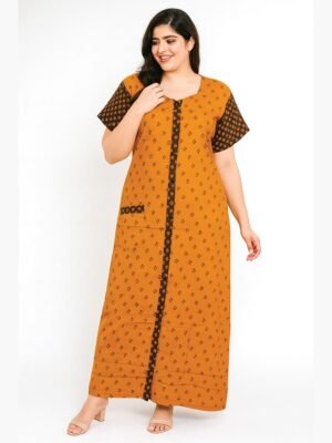 Women’s Cotton Front Full Open Nighty - Tangerine & Brown