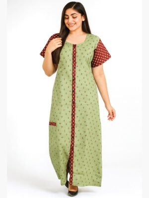 Women’s Cotton Front Full Open Nighty - Mint Green & Maroon