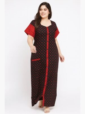 Women’s Cotton Front Full Open Nighty - Black & Red