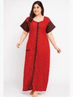 W-NY-165-02-RD-3XL-F Women’s Cotton Front Full Open Nighty - Red & Black