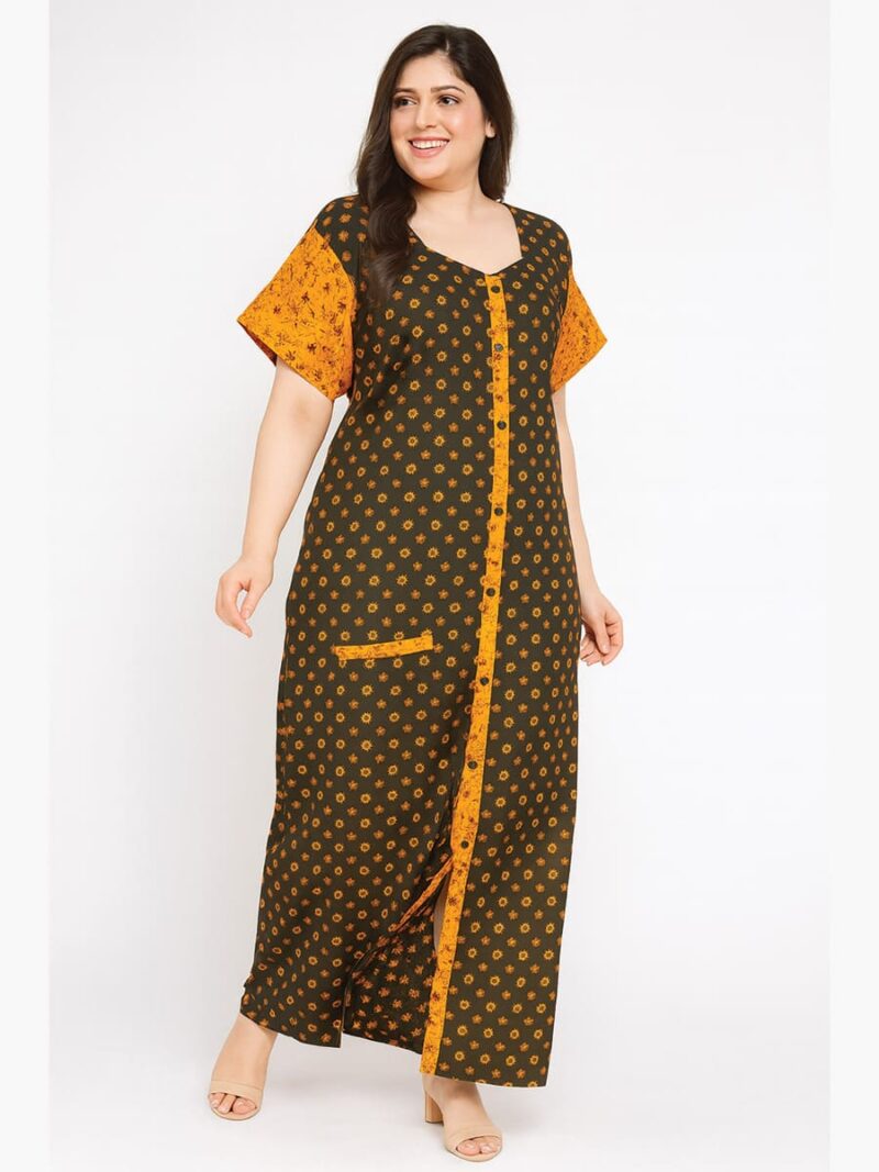 W-NY-165-03-OG-3XL-F Women’s Cotton Front Full Open Nighty - Olive Green & Tangerine