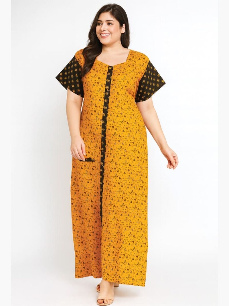 Women’s Cotton Front Full Open Nighty - Tangerine & Olive Green