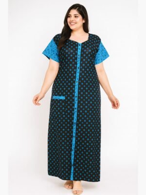 Women’s Cotton Front Full Open Nighty - Black & Blue