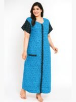 Women’s Cotton Front Full Open Nighty - Blue & Black