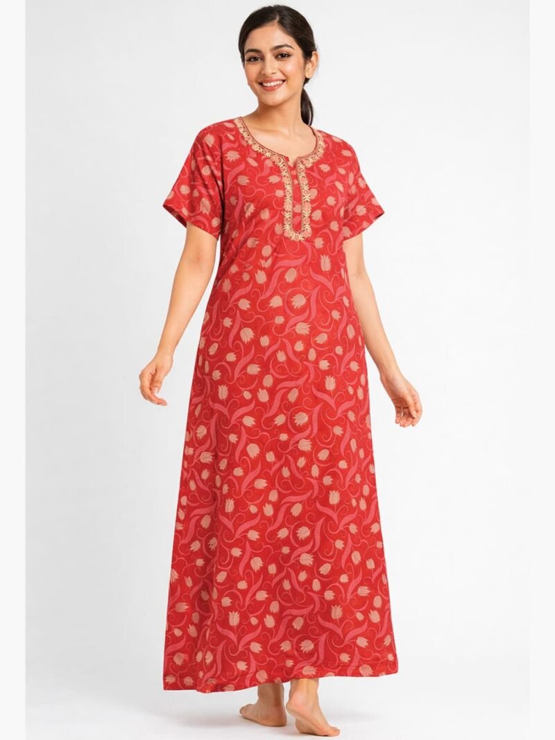 Women’s Cotton Embroidered Zipper Nighty – Cerise