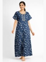 Women’s Cotton Embroidered Zipper Nighty – Teal