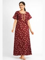 Women’s Cotton Embroidered Zipper Nighty – Maroon