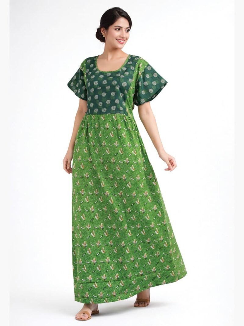 Cotton Feeding Nighty, Double Side Zipper - Green