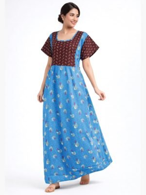 Women Cotton Feeding Nighty, Double Side Zipper - Blue