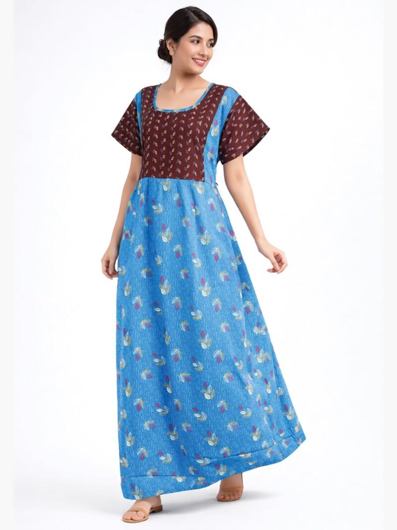 Women Cotton Feeding Nighty, Double Side Zipper - Blue