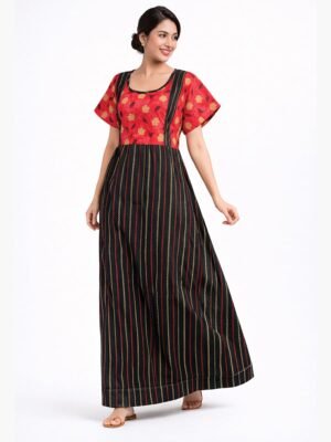 Women Cotton Feeding Nighty, Double Side Zipper - Black