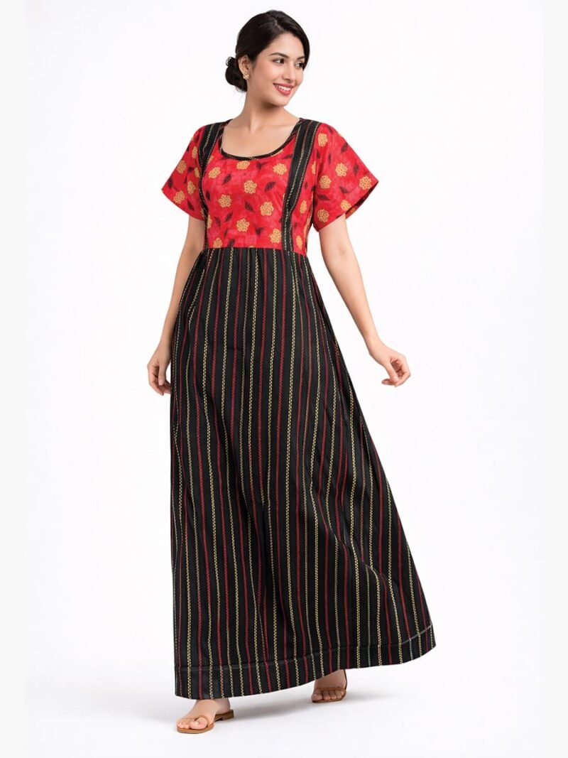 Women Cotton Feeding Nighty, Double Side Zipper - Black