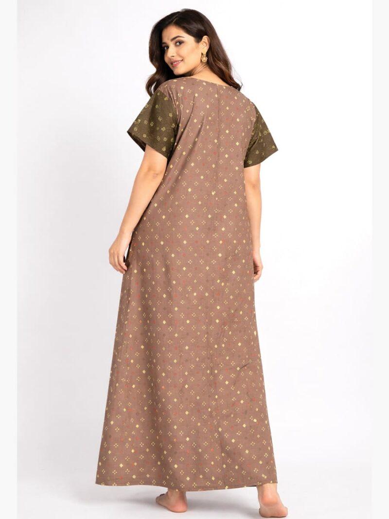 Women's Cotton Printed Zipper Nighty – Brown