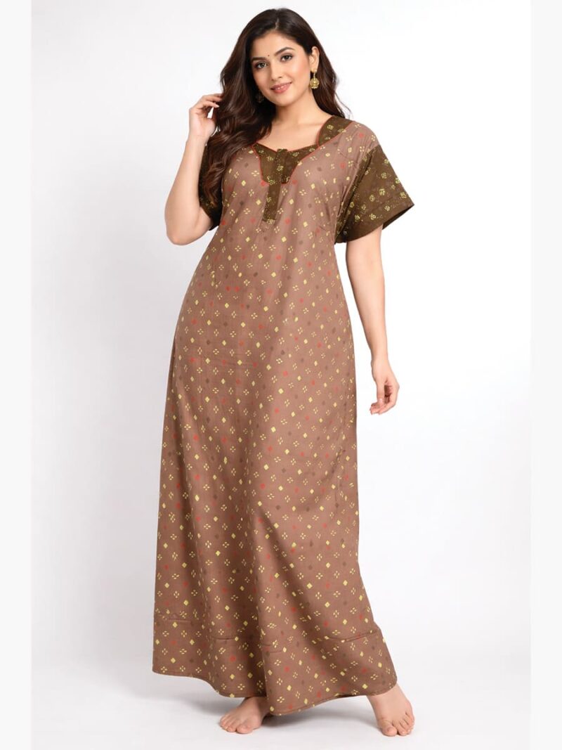 Women's Cotton Printed Zipper Nighty – Brown