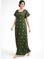 Women Cotton Feeding Nighty, Double Side Zipper - Olive Green