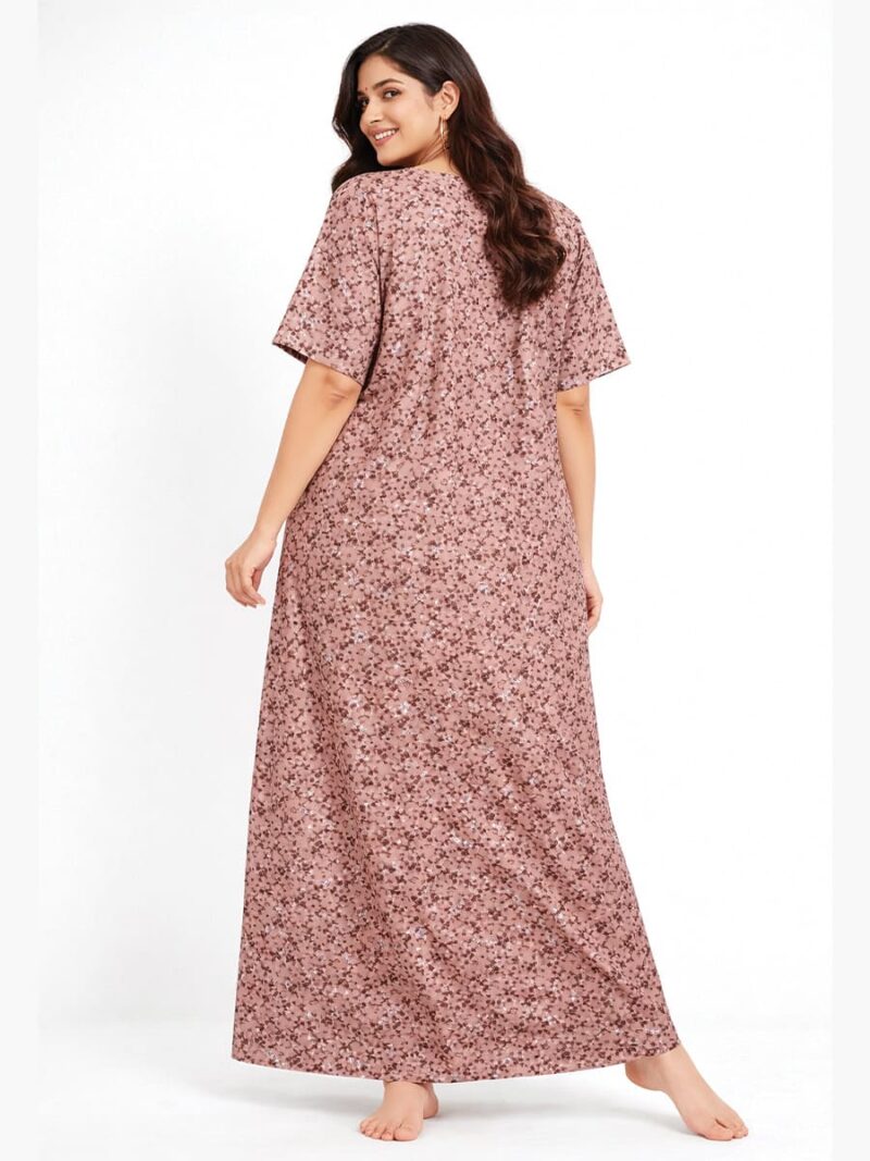Women's Cotton Floral Zipper Nighty- Terracotta