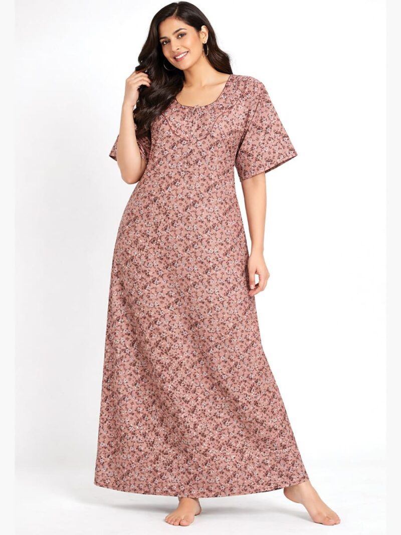 Women's Cotton Floral Zipper Nighty- Terracotta