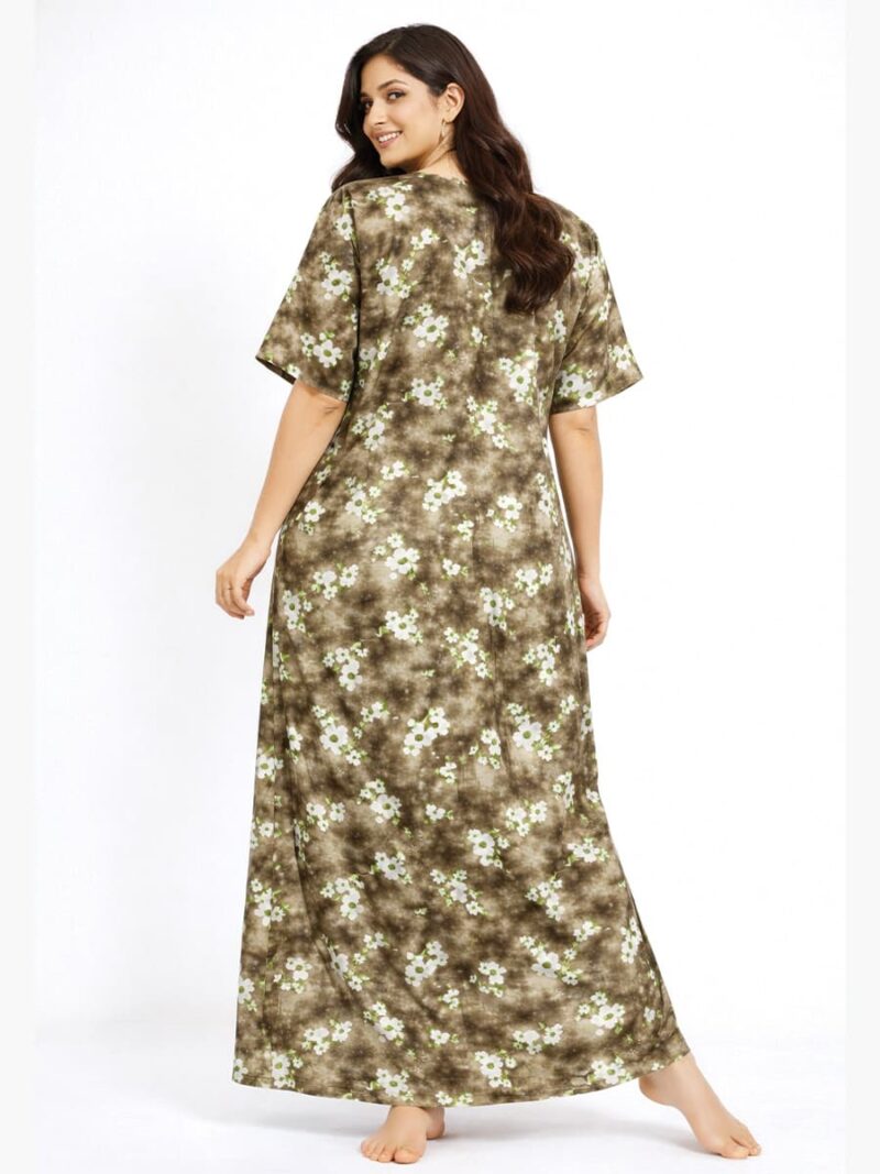 Women's Cotton Floral Zipper Nighty- Brown