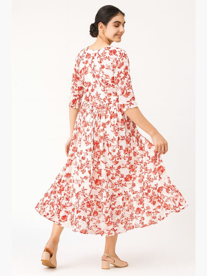 Women's Chiffon Floral Kurti –White & Red