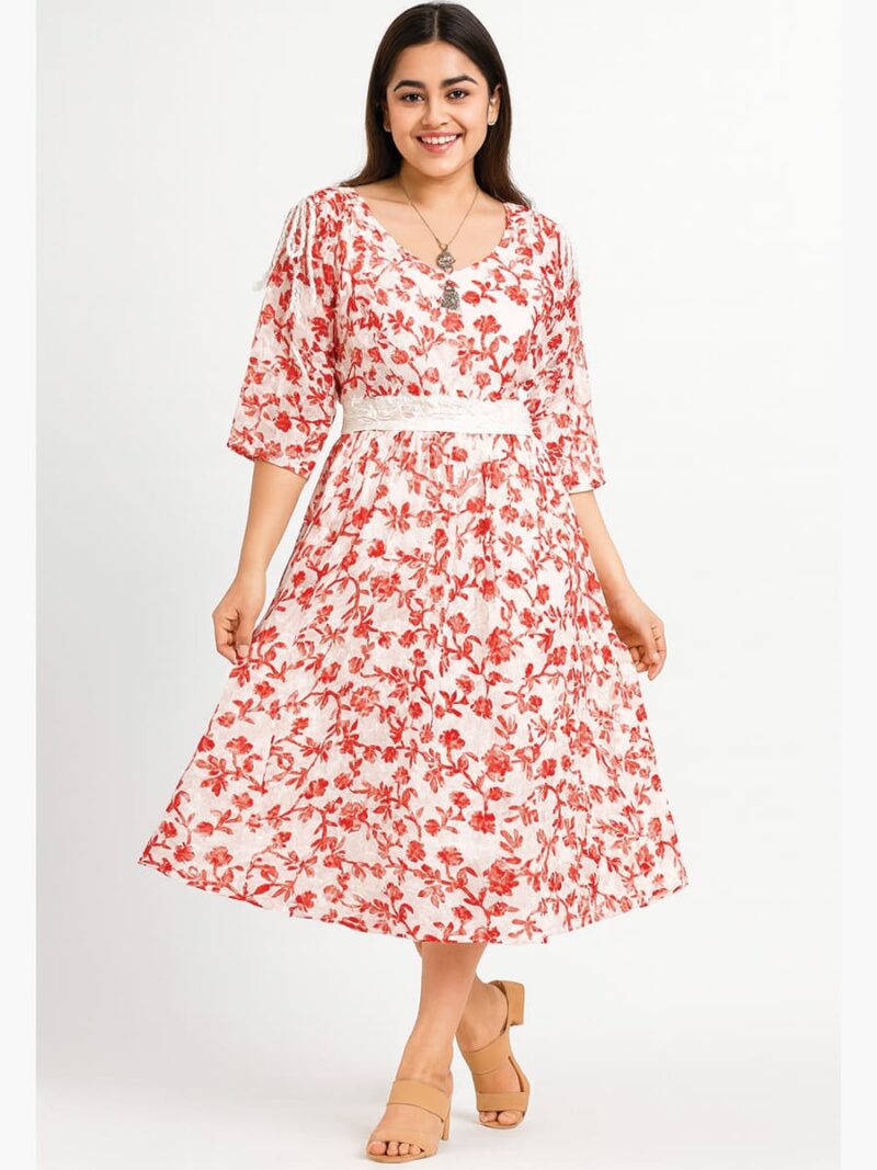 W-TP-143-02-WH-RD-XL-F Women's Chiffon Floral Kurti –White & Red