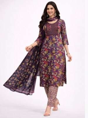 Women’s Rayon Printed Salwar Suit with Dupatta – Purple