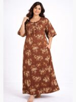 Women's Cotton Floral Maxi Nighty - Brown