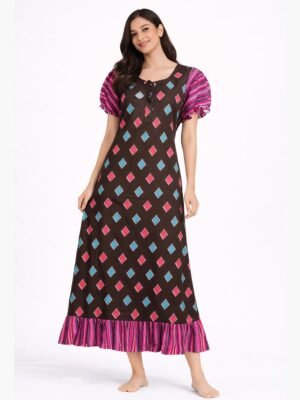 Women's Cotton Floral Zipper Frock Nighty - Coffee