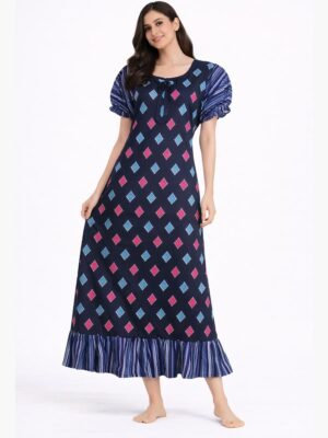 Women's Cotton Floral Frock Nighty - Navy Blue