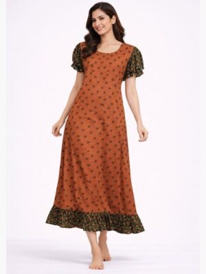 Women's Cotton Floral Frock Nighty - Brown