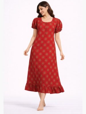 Women's Cotton Zip Frock Nighty - Red