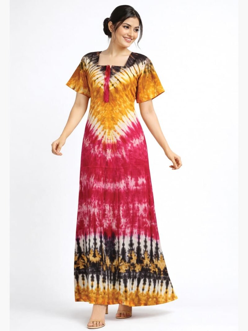 Women’s Cotton Tie-Dye Zip Maxi Nighty - Multicolour