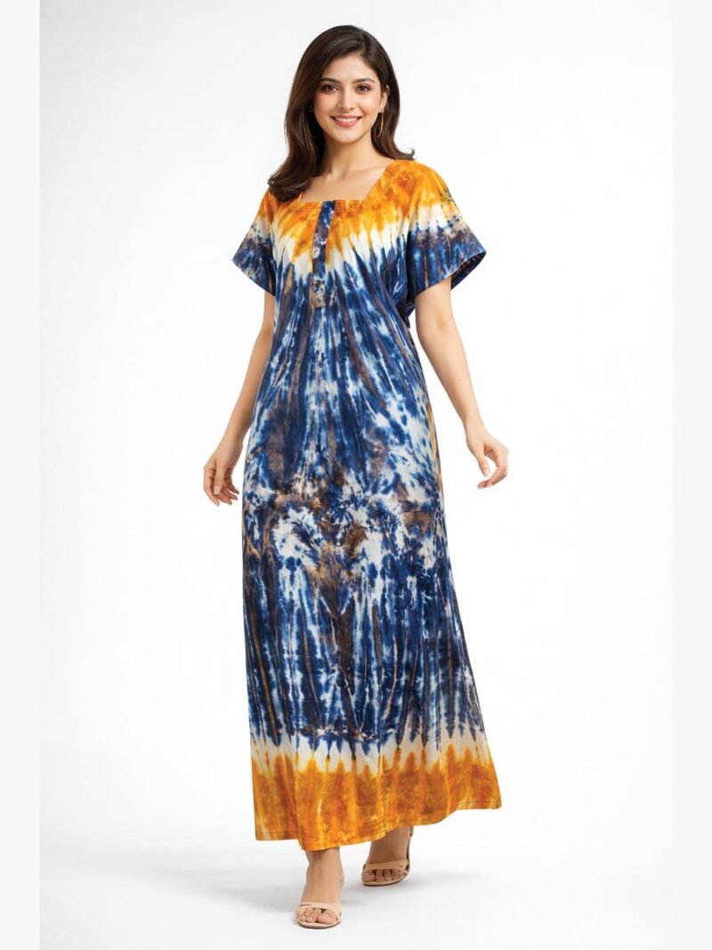 Women’s Cotton Tie-Dye Zip Maxi Nighty - Multicolour