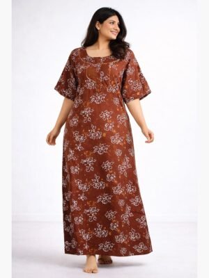 Women’s Cotton Plus Size Zipper Maxi Nighty – Brown