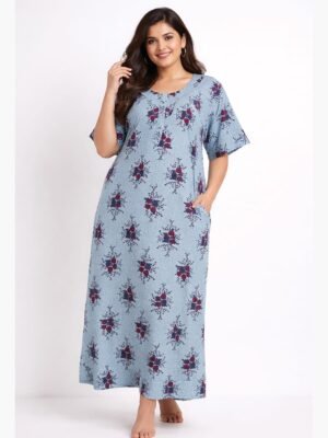 Women’s Cotton Printed Zip Nighty – Blue