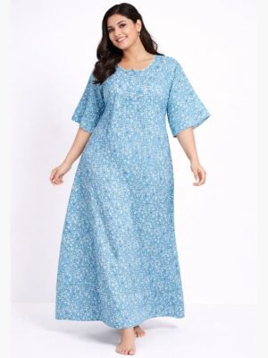 Women’s Cotton Printed Plus Size Zip Nighty – Sky Blue