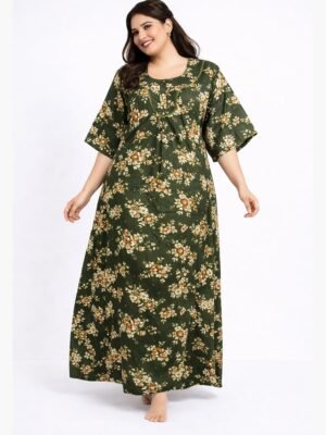 Women’s Cotton Printed Plus Size Zip Nighty – Olive Green