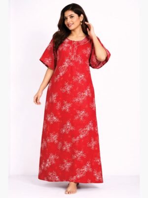 Women’s Cotton Printed Plus Size Zip Nighty – Red