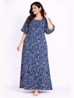 Women’s Cotton Printed Plus Size Zip Nighty – Navy Blue