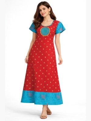 Women's Cotton Floral Printed Frock Nighty - Red