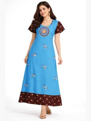 Women's Cotton Floral Printed Frock Nighty - Blue