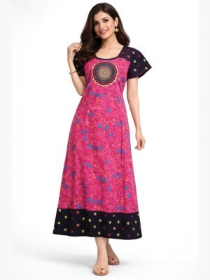 Women's Cotton Floral Printed Frock Nighty - Pink